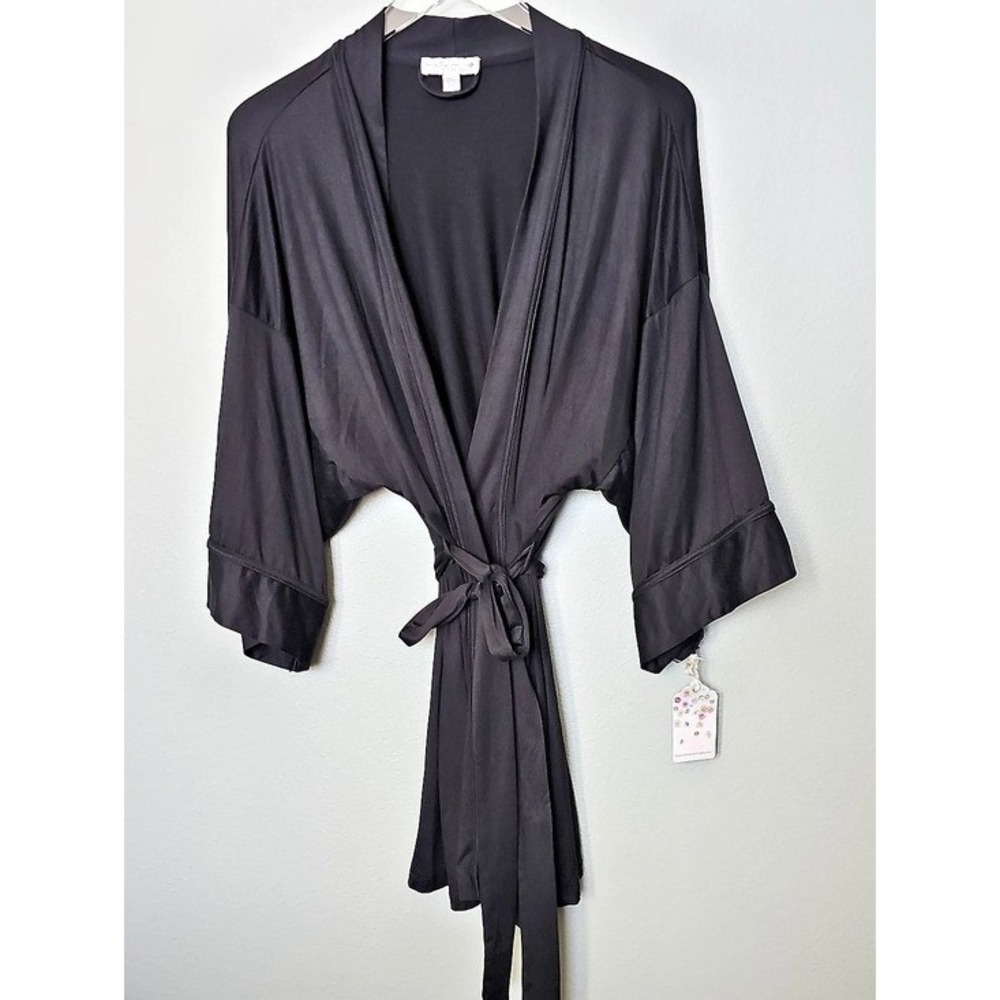 In Bloom by Jonquil Black Knit Wrap Robe Kimono Minimalist XL NWT